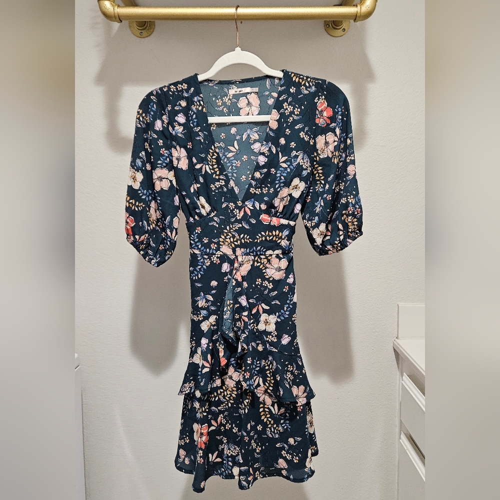 Mi ami Teal Green Floral Midi Wrap Dress